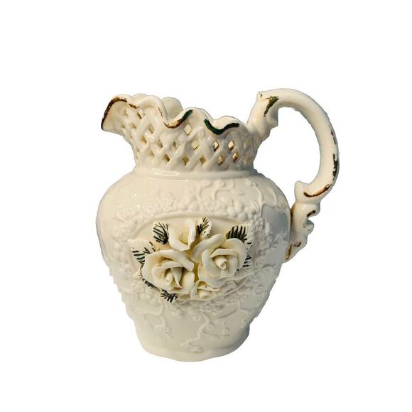 Vintage Porcelain Pitcher 3D Roses Lattice Neck 7.5" Cream Home Decor Rose Vase - Picture 1 of 12